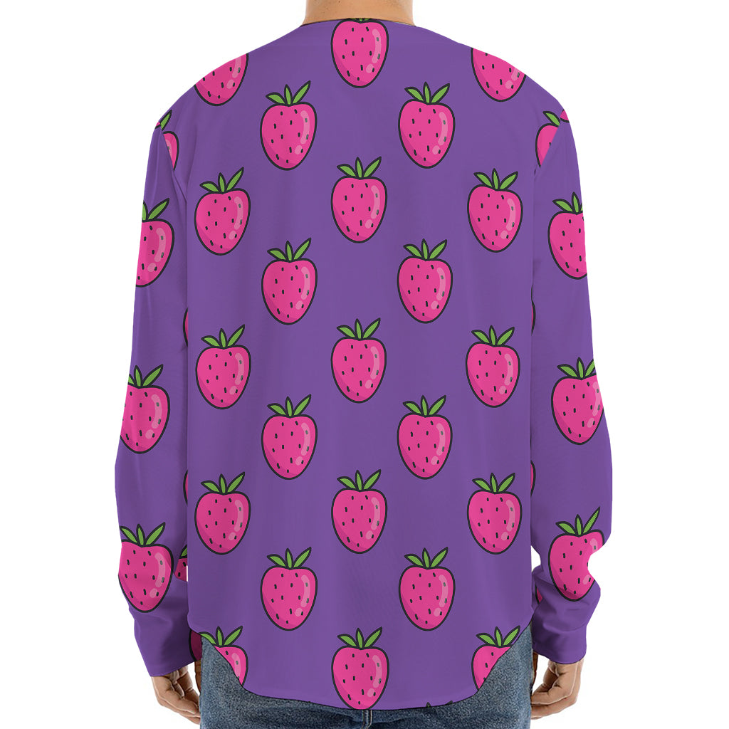 Purple Strawberry Pattern Print Long Sleeve Baseball Jersey