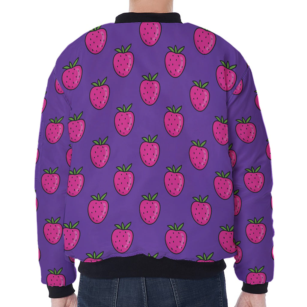 Purple Strawberry Pattern Print Zip Sleeve Bomber Jacket