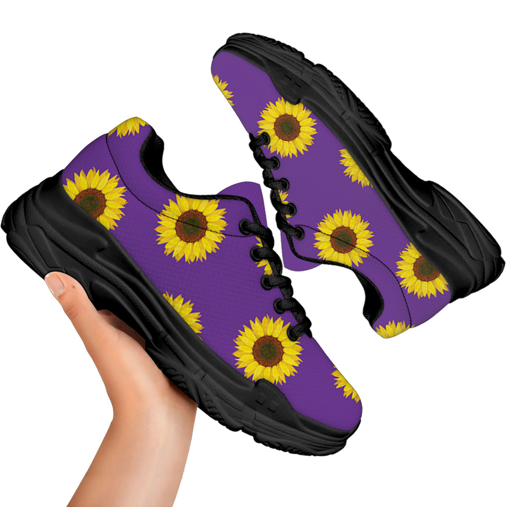 Purple Sunflower Pattern Print Black Chunky Shoes