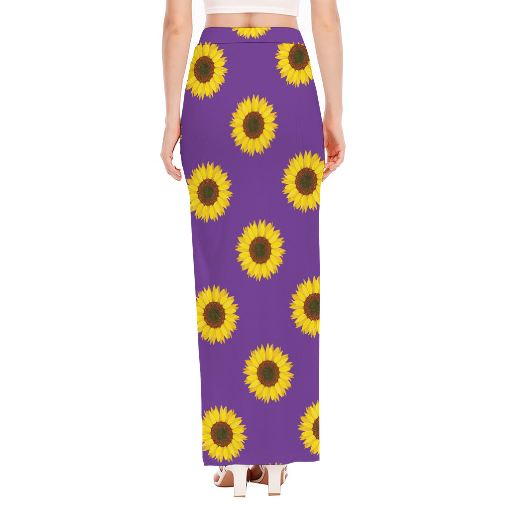 Purple Sunflower Pattern Print High Slit Maxi Skirt