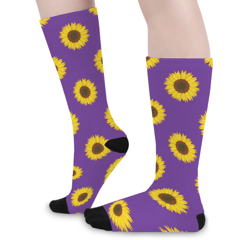 Purple Sunflower Pattern Print Long Socks