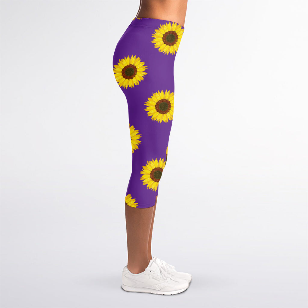Purple Sunflower Pattern Print Women's Capri Leggings