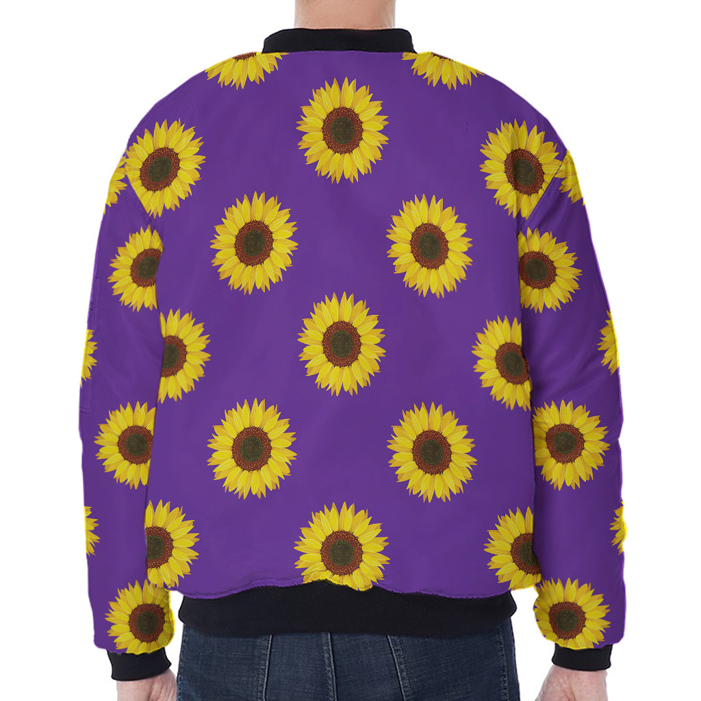 Purple Sunflower Pattern Print Zip Sleeve Bomber Jacket