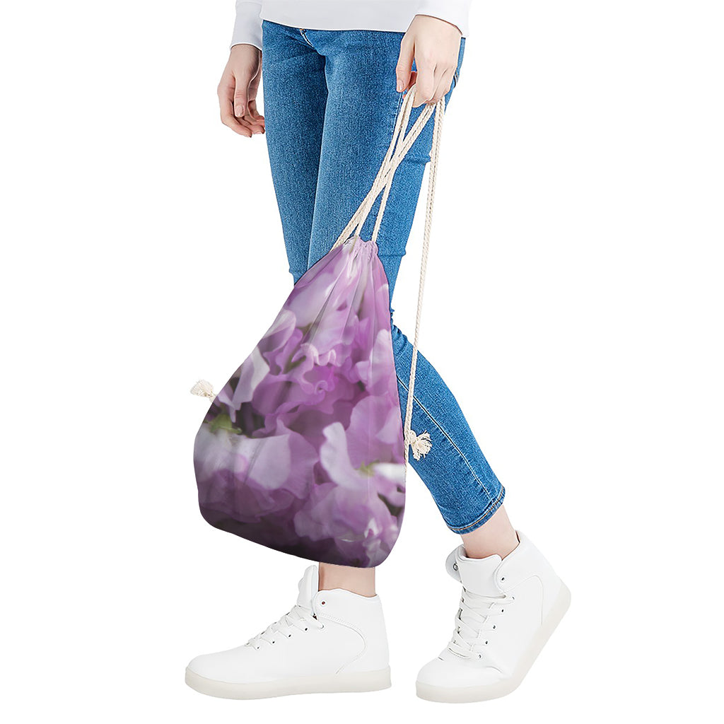 Purple Sweet Pea Print Drawstring Bag