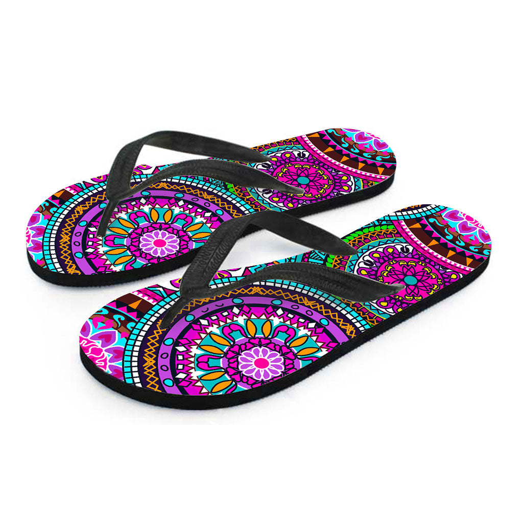 Purple Teal Circle Mandala Print Flip Flops