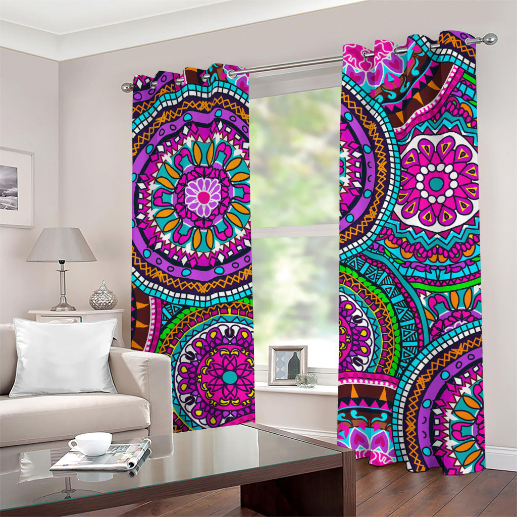 Purple Teal Circle Mandala Print Grommet Curtains