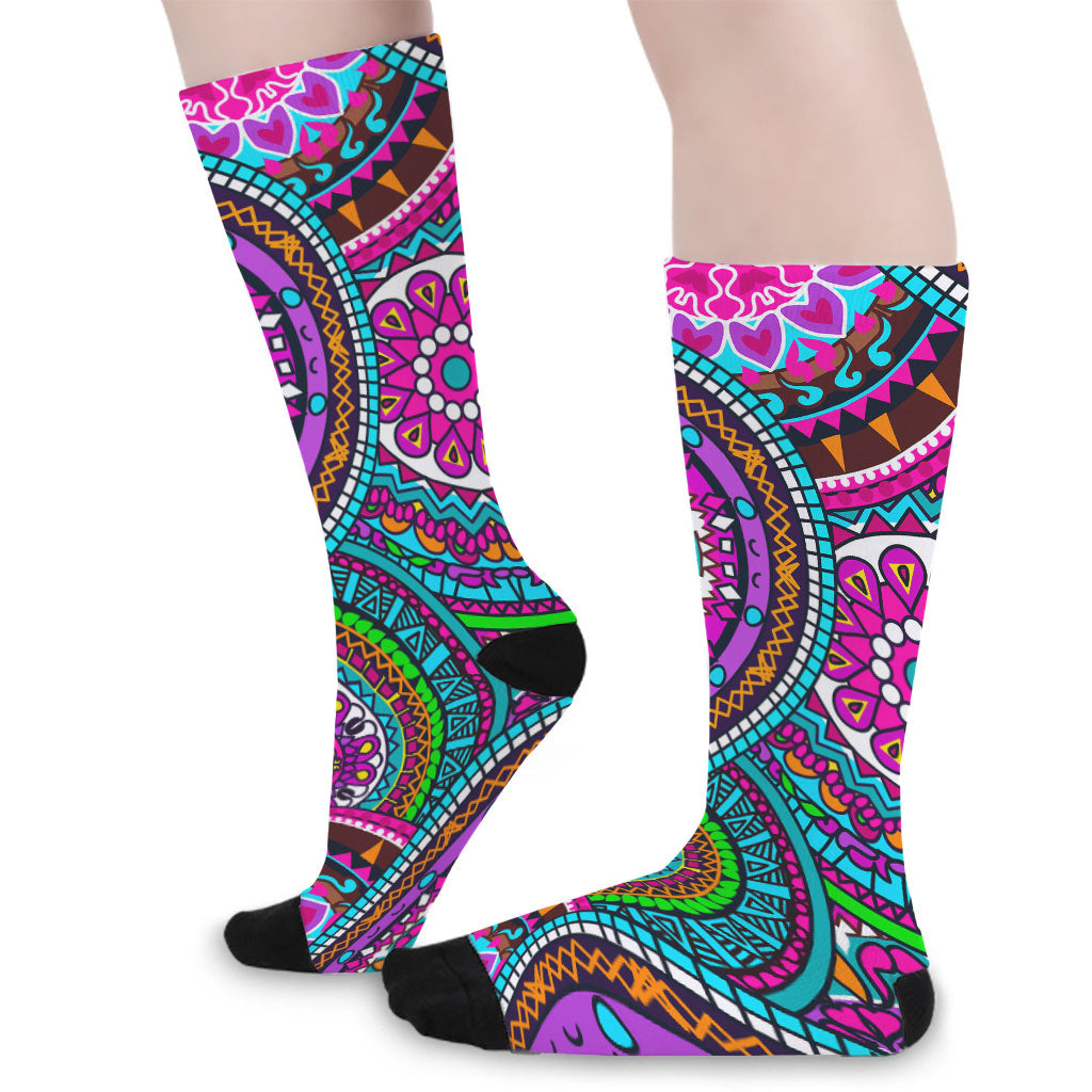 Purple Teal Circle Mandala Print Long Socks