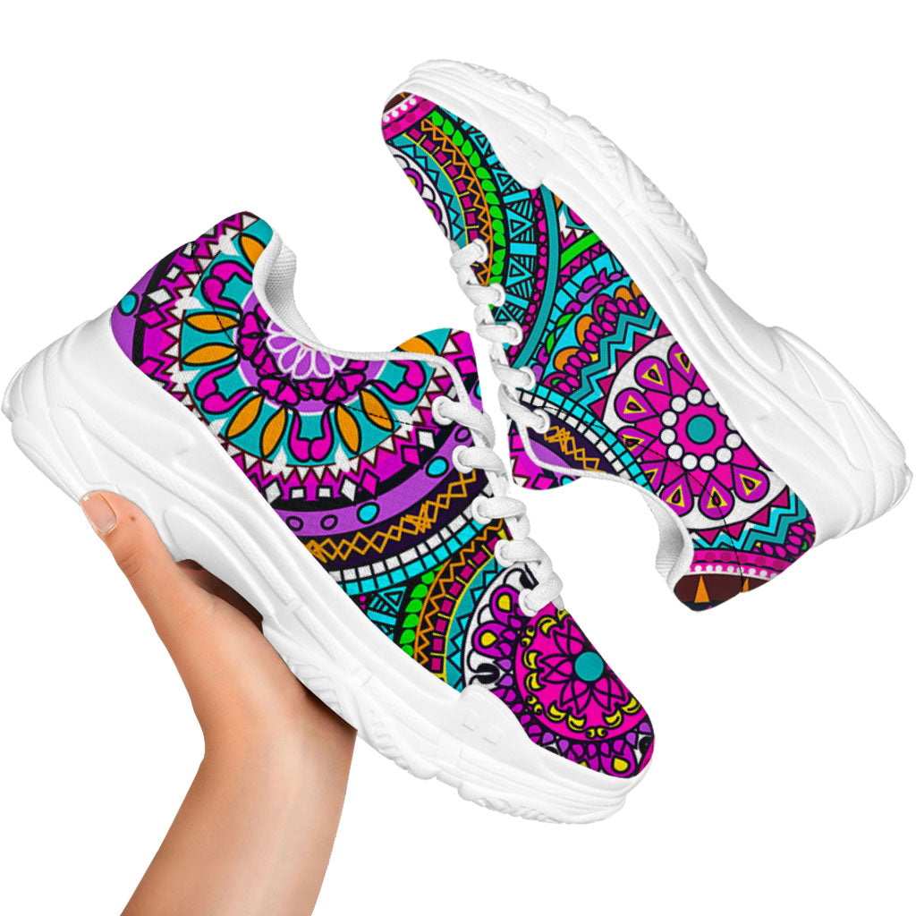 Purple Teal Circle Mandala Print White Chunky Shoes