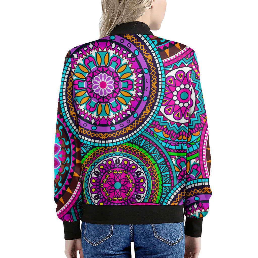 Purple Teal Circle Mandala Print Women's Bomber Jacket