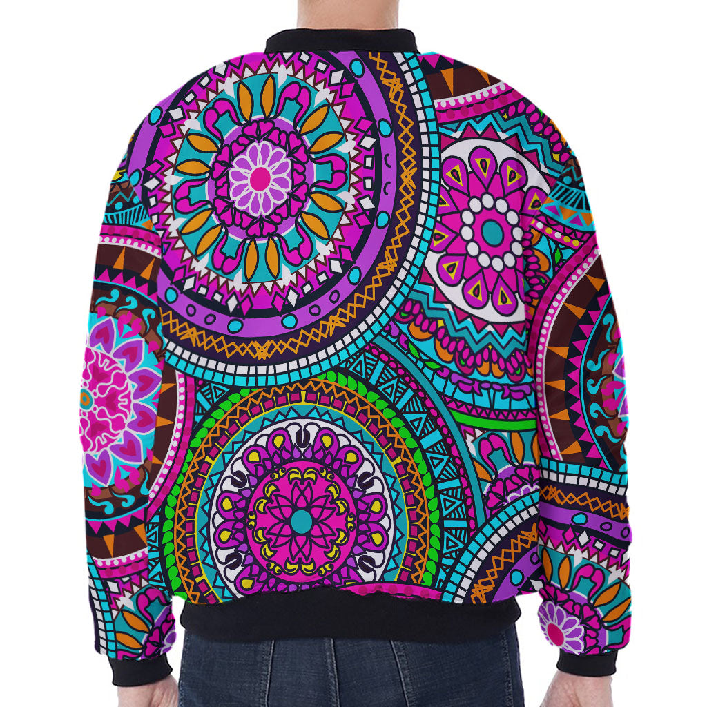 Purple Teal Circle Mandala Print Zip Sleeve Bomber Jacket