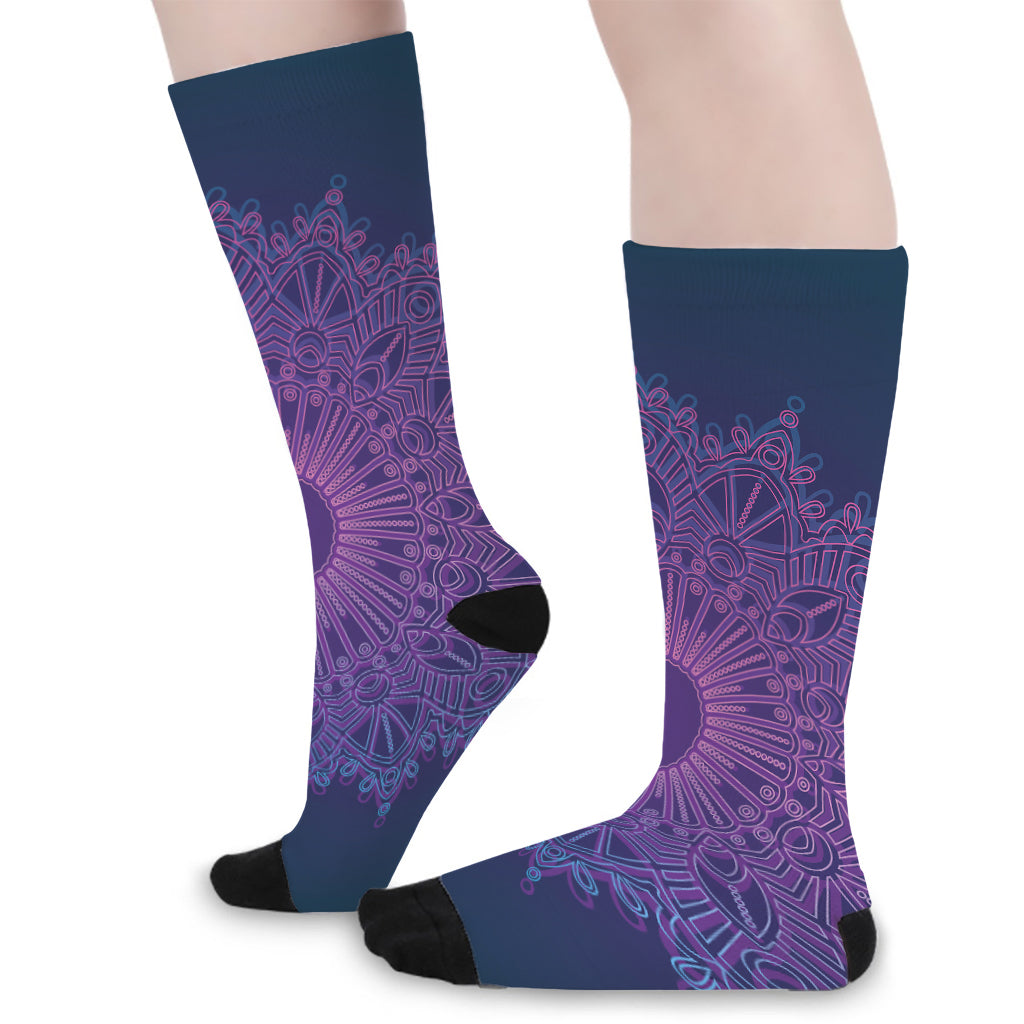 Purple Trippy Mandala Print Long Socks