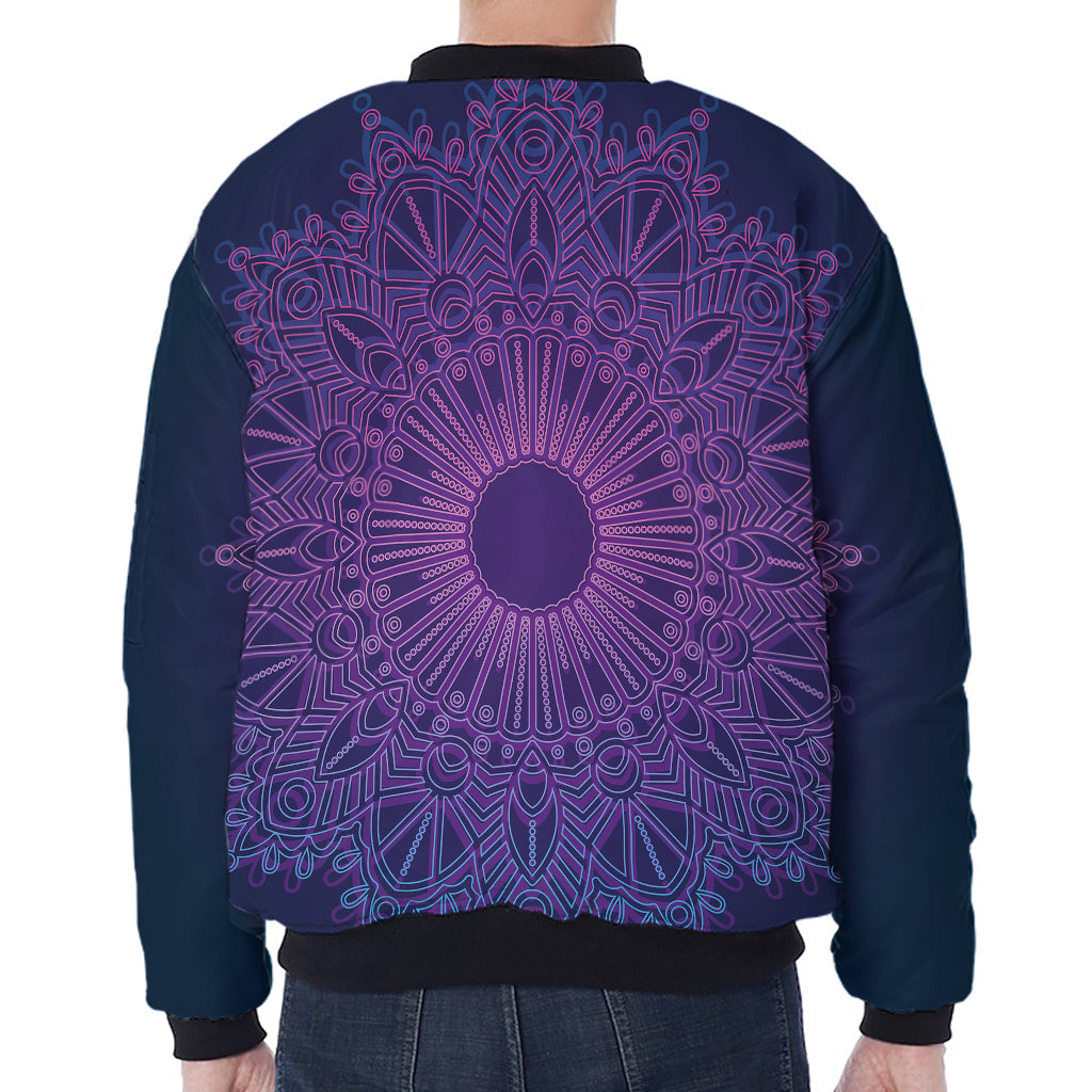 Purple Trippy Mandala Print Zip Sleeve Bomber Jacket