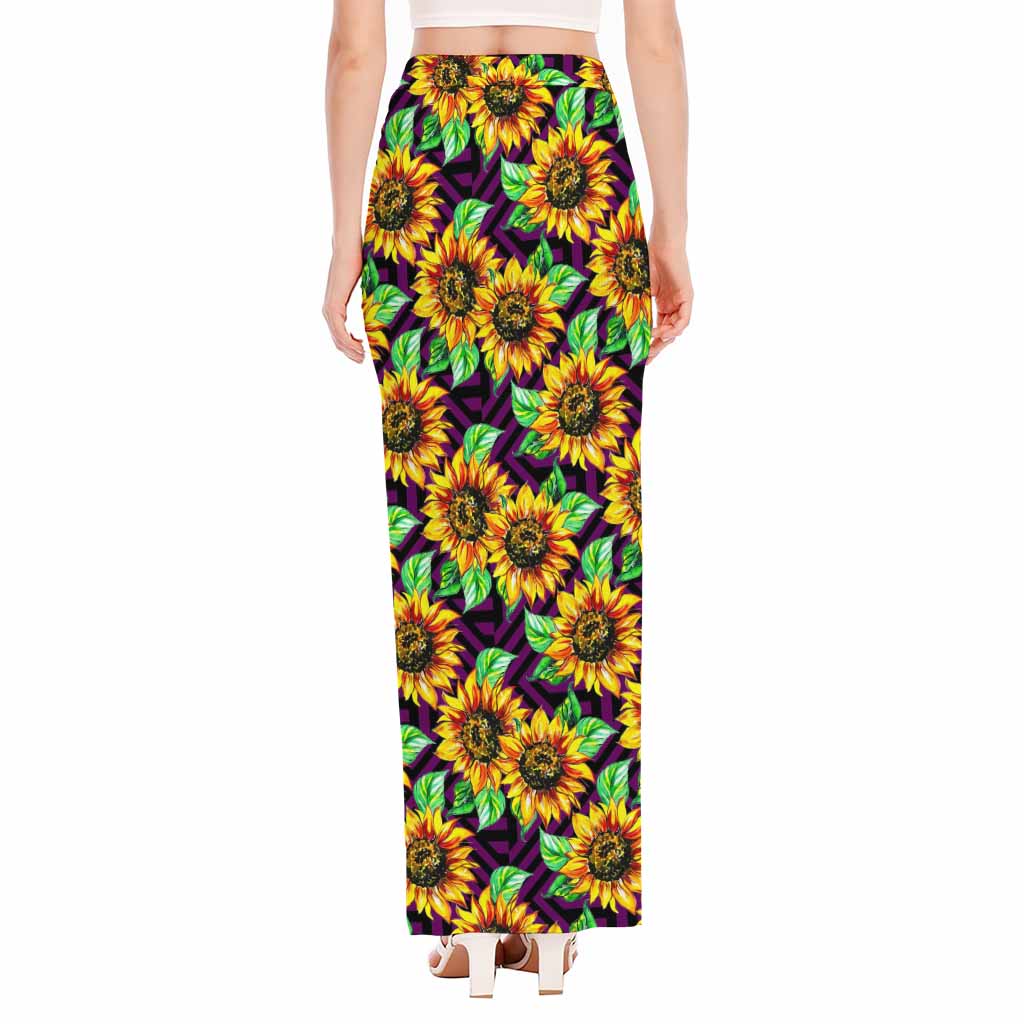 Purple Trippy Sunflower Pattern Print High Slit Maxi Skirt