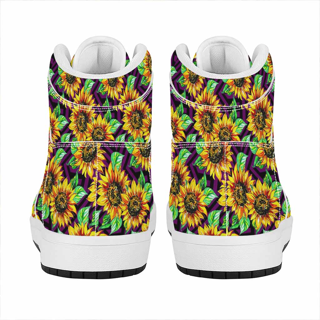 Purple Trippy Sunflower Pattern Print High Top Leather Sneakers