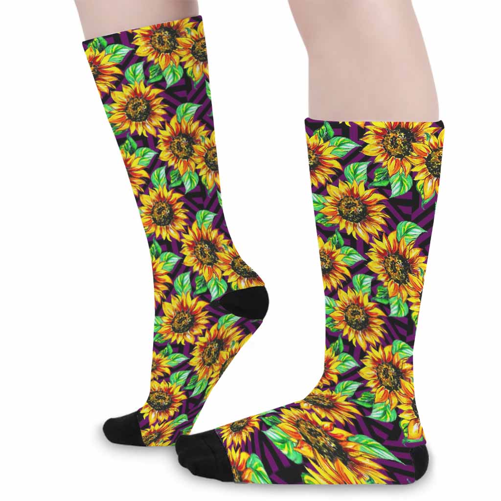 Purple Trippy Sunflower Pattern Print Long Socks