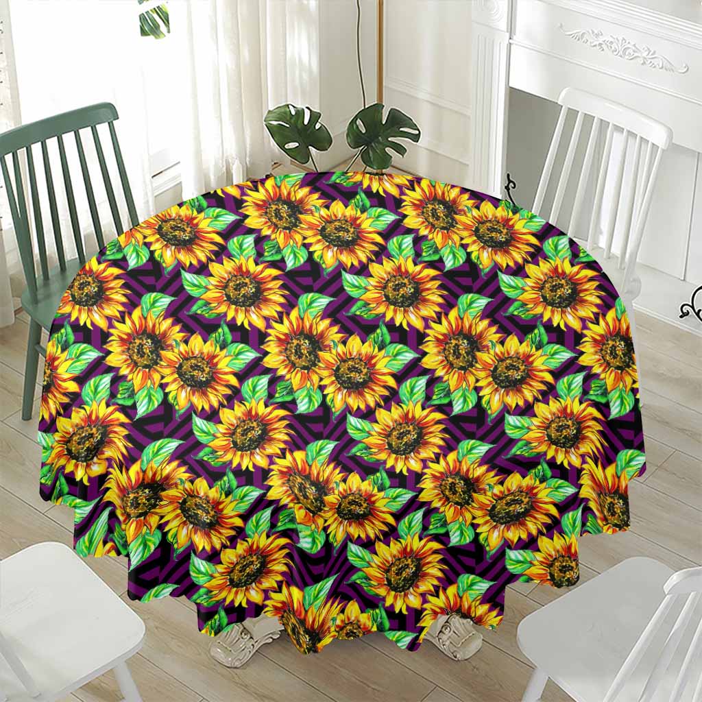 Purple Trippy Sunflower Pattern Print Waterproof Round Tablecloth