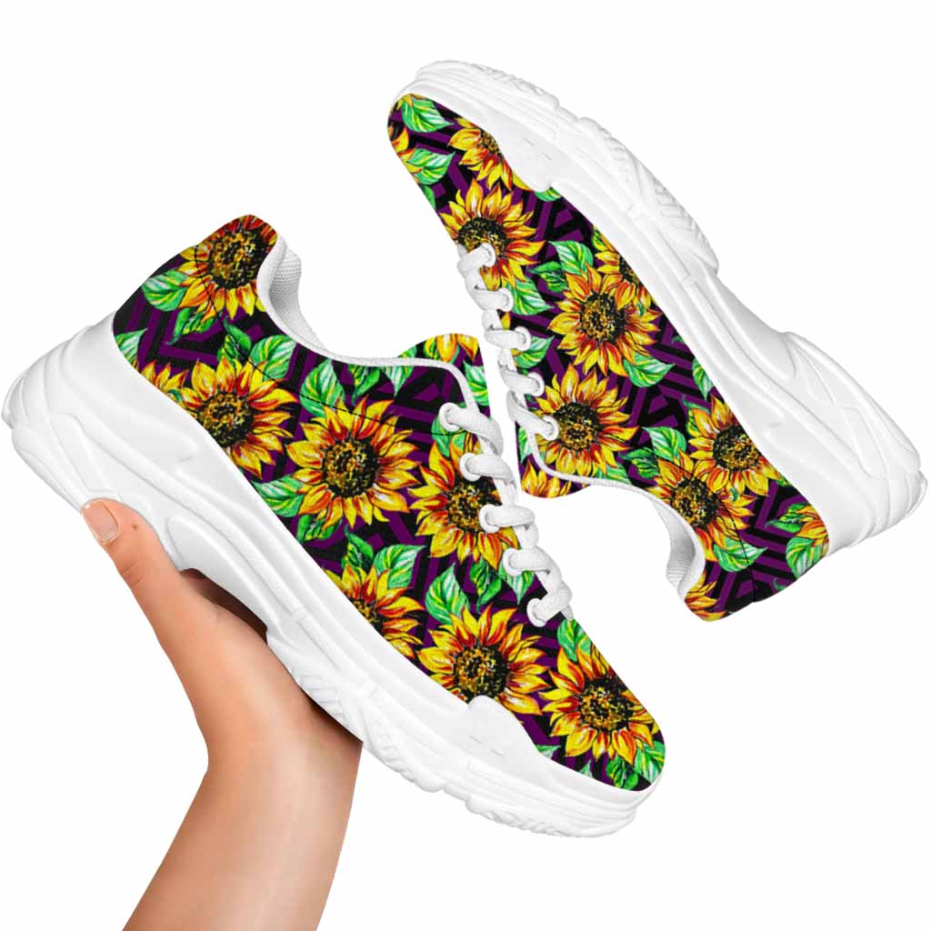 Purple Trippy Sunflower Pattern Print White Chunky Shoes