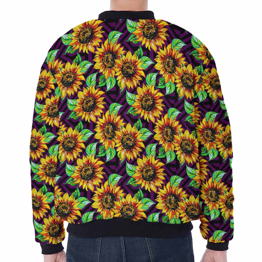 Purple Trippy Sunflower Pattern Print Zip Sleeve Bomber Jacket