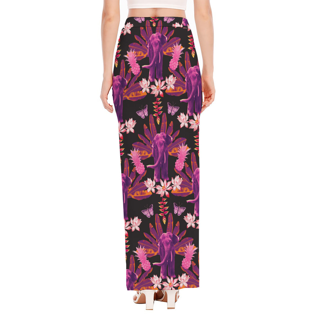 Purple Tropical Elephant Pattern Print High Slit Maxi Skirt