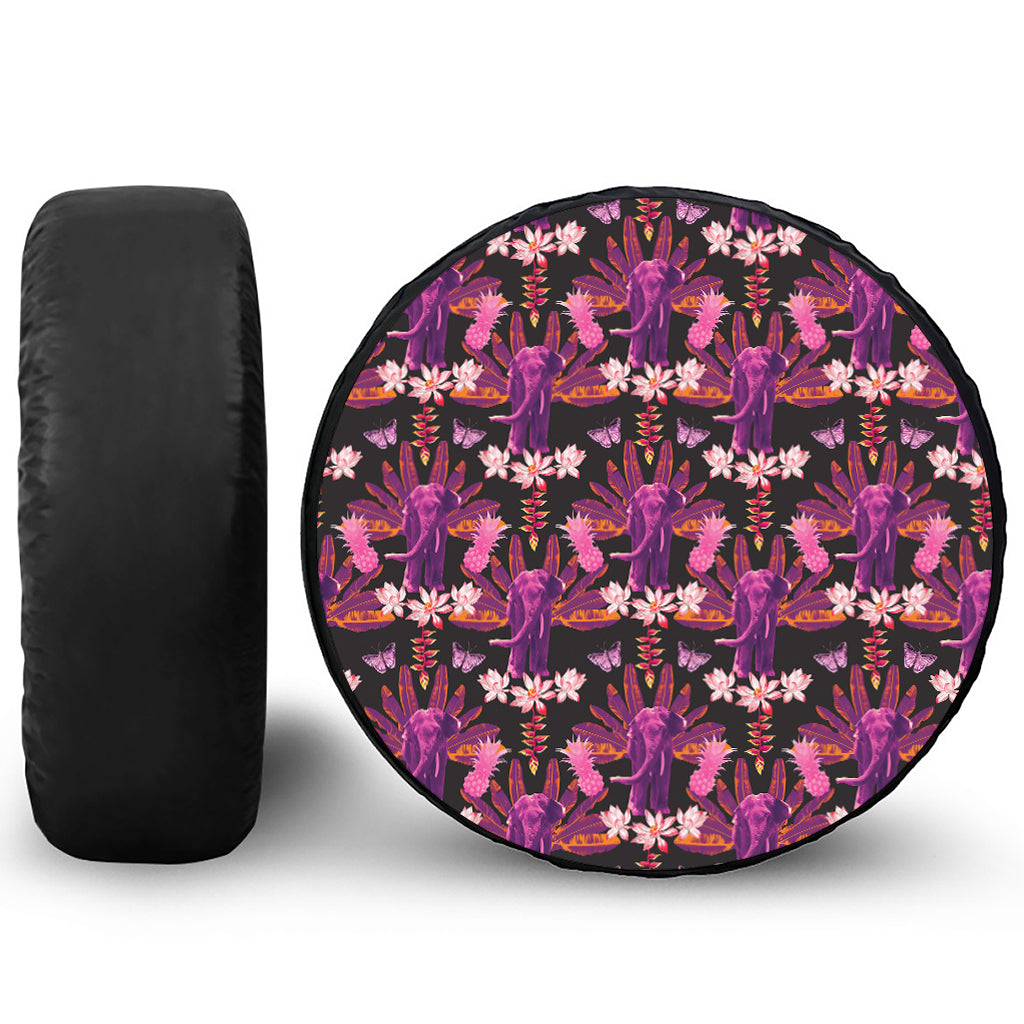 Purple Tropical Elephant Pattern Print Leather Spare Tire Cover