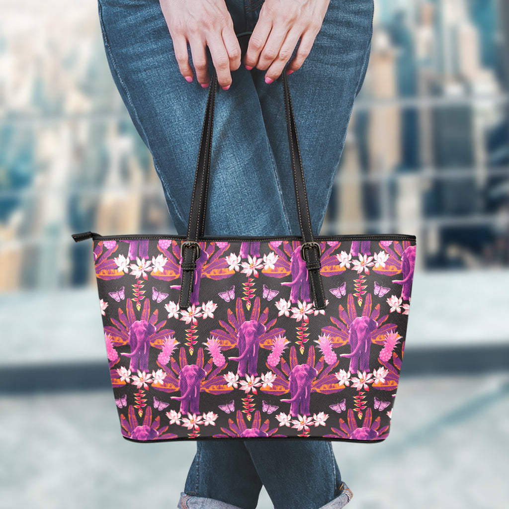 Purple Tropical Elephant Pattern Print Leather Tote Bag