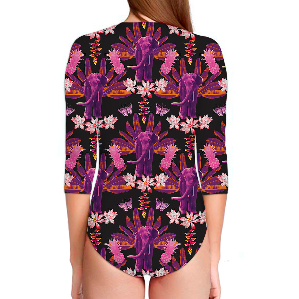 Purple Tropical Elephant Pattern Print Long Sleeve Swimsuit