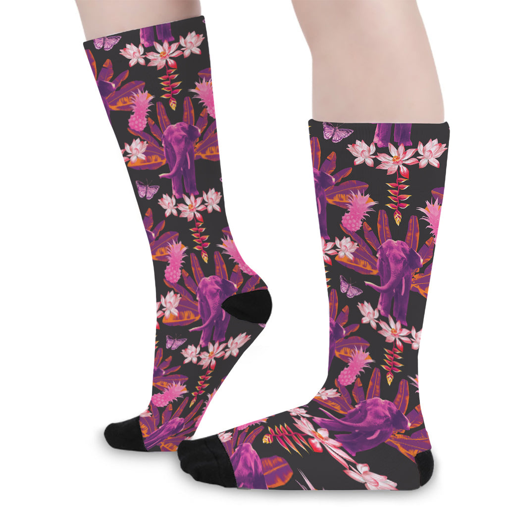 Purple Tropical Elephant Pattern Print Long Socks