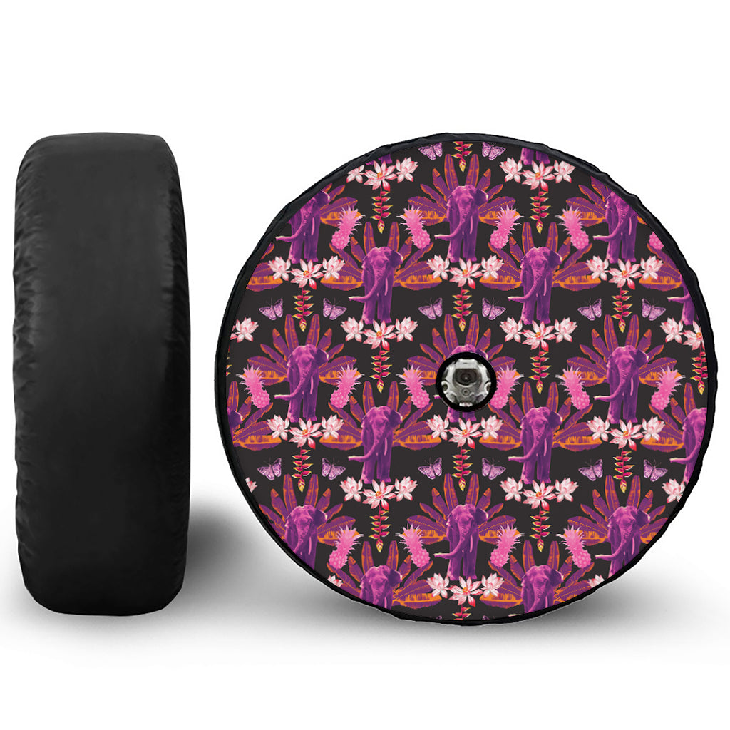 Purple Tropical Elephant Pattern Print Tire Cover With Camera Hole