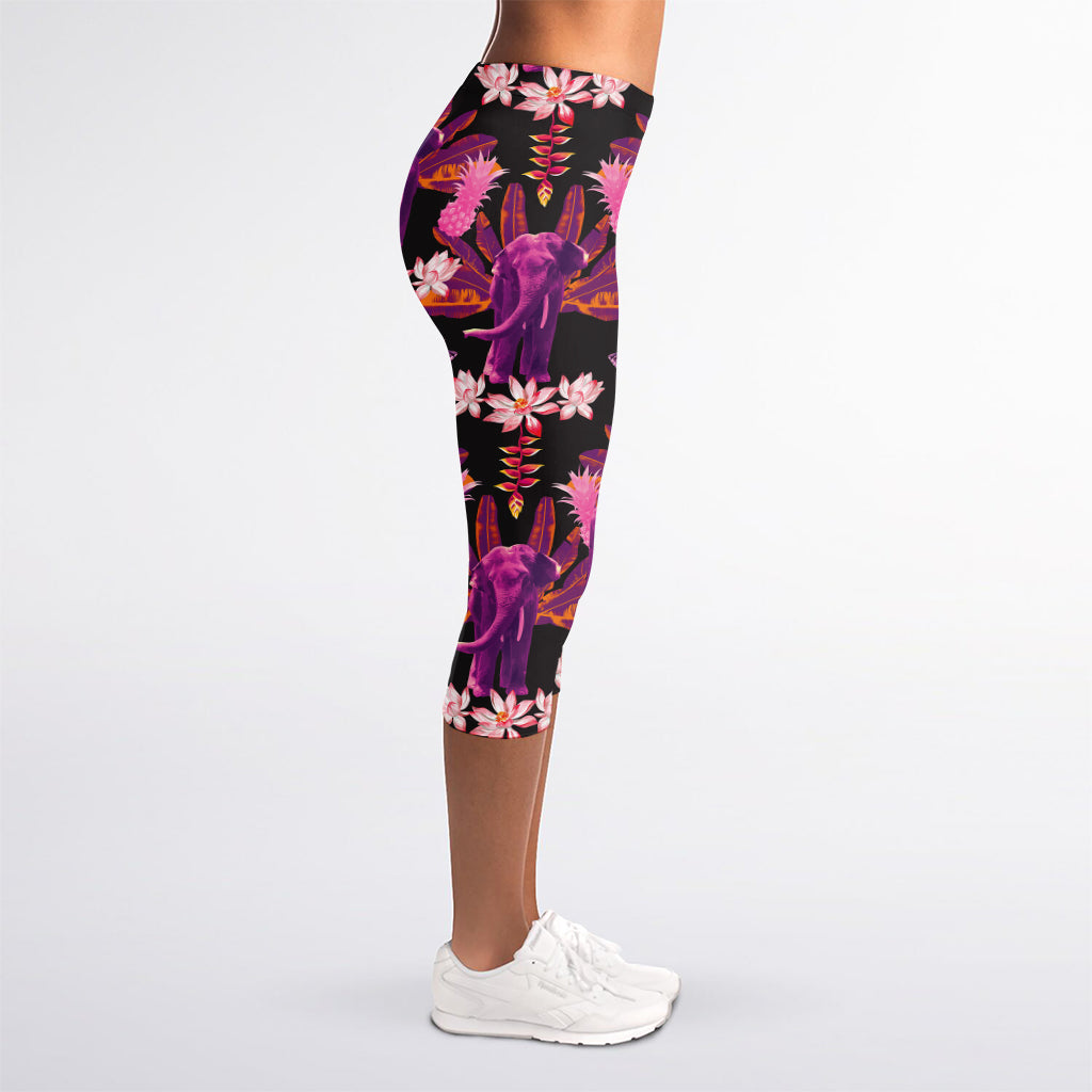 Purple Tropical Elephant Pattern Print Women's Capri Leggings