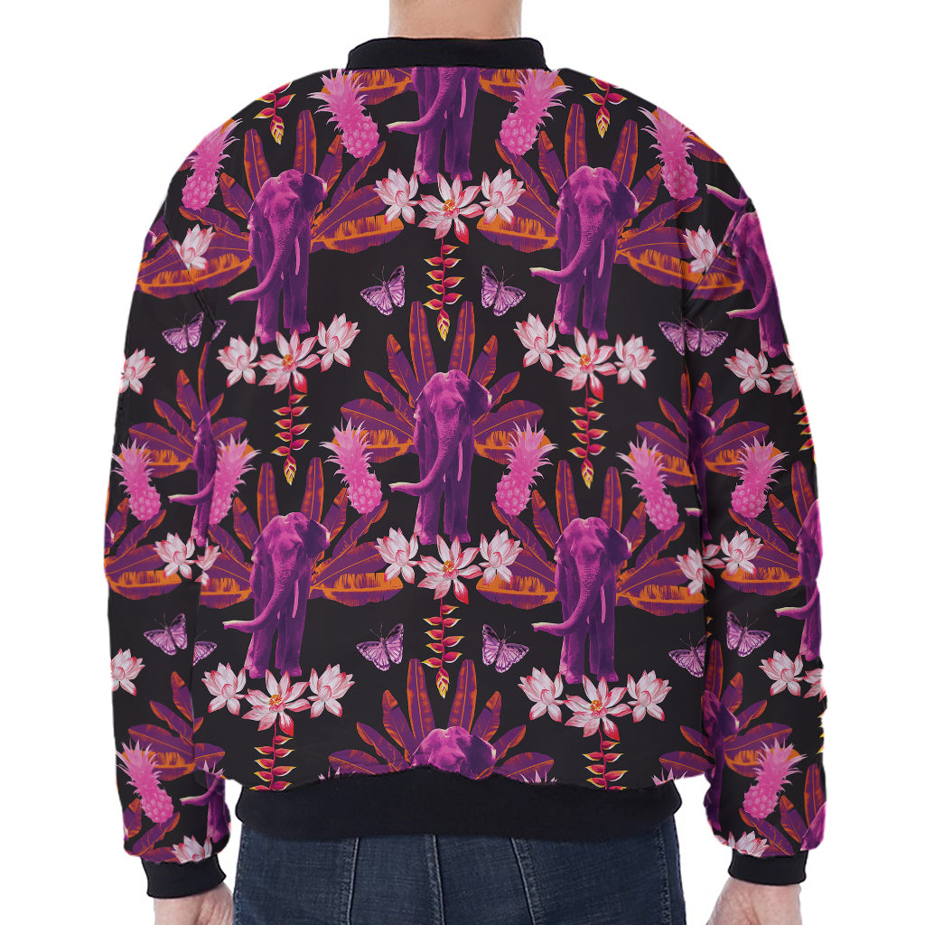 Purple Tropical Elephant Pattern Print Zip Sleeve Bomber Jacket