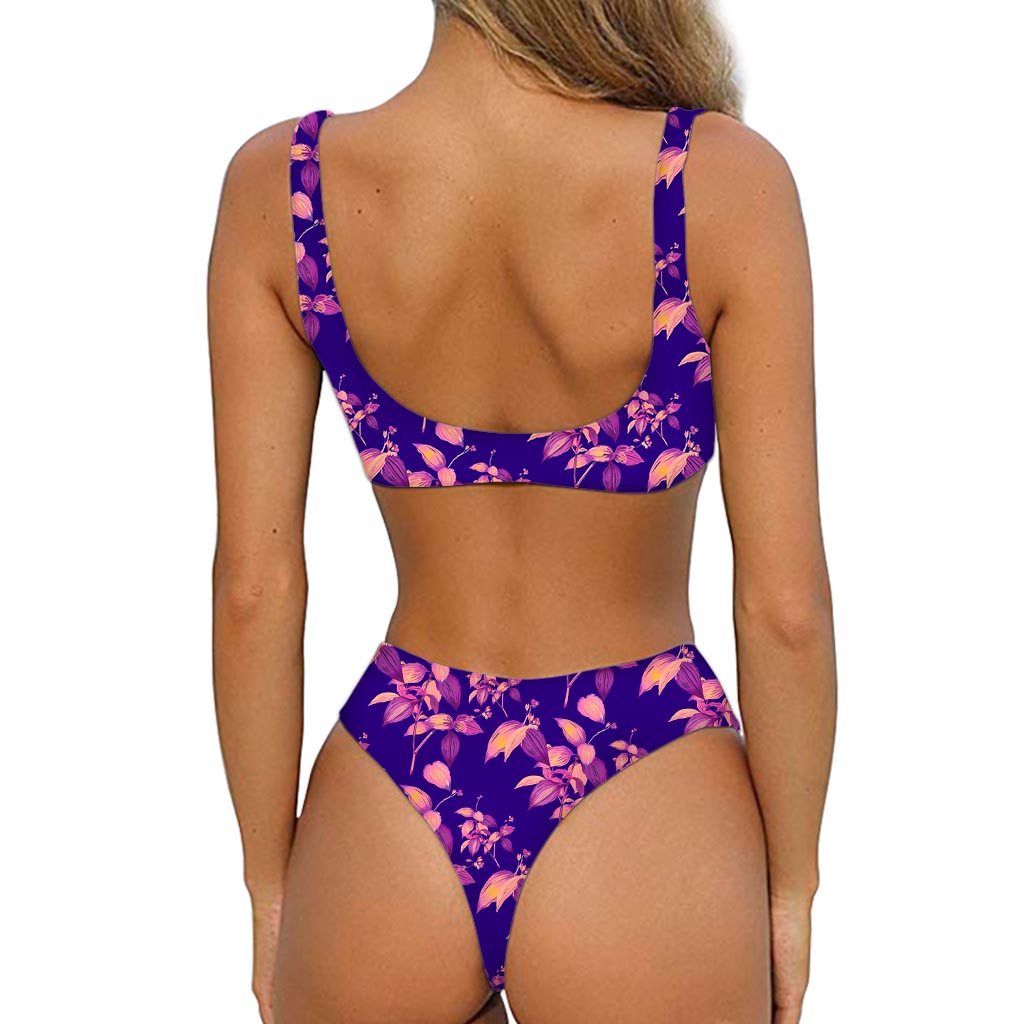 Purple Tropical Hawaiian Pattern Print Front Bow Tie Bikini