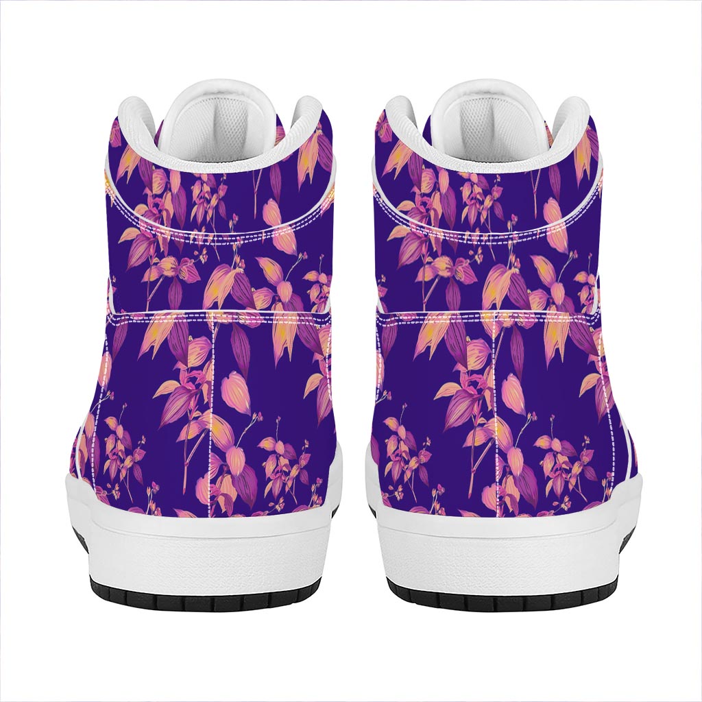 Purple Tropical Hawaiian Pattern Print High Top Leather Sneakers