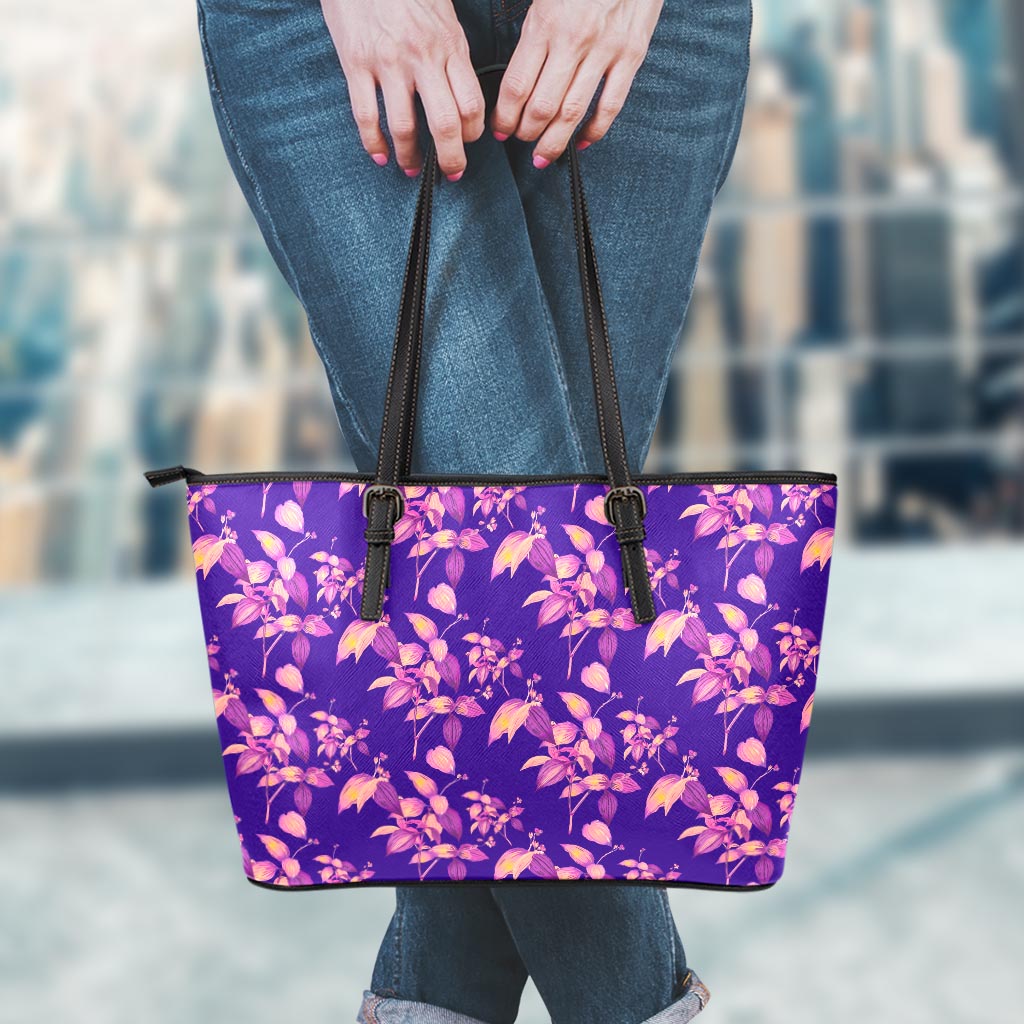 Purple Tropical Hawaiian Pattern Print Leather Tote Bag