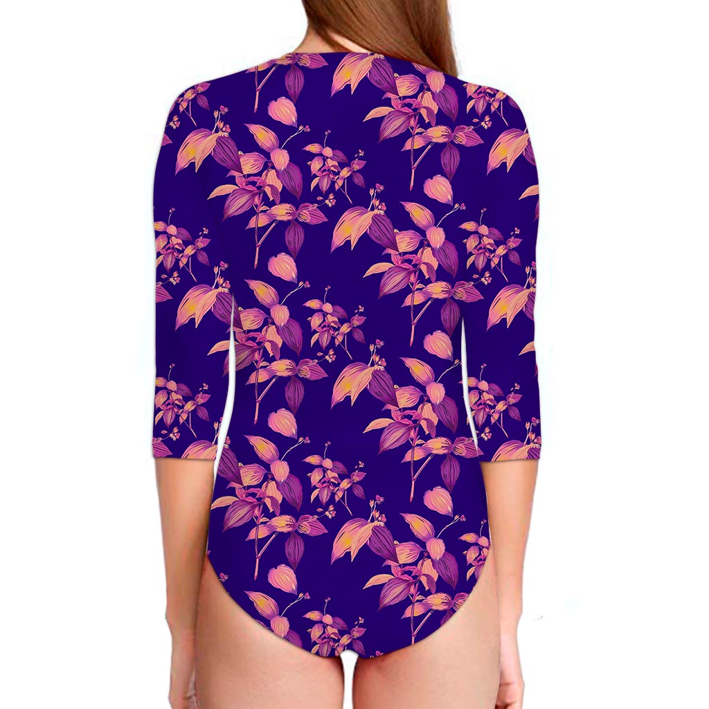 Purple Tropical Hawaiian Pattern Print Long Sleeve Swimsuit
