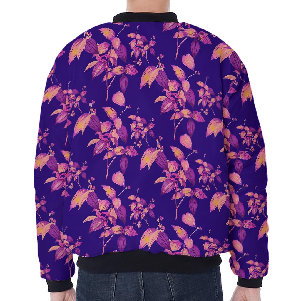 Purple Tropical Hawaiian Pattern Print Zip Sleeve Bomber Jacket