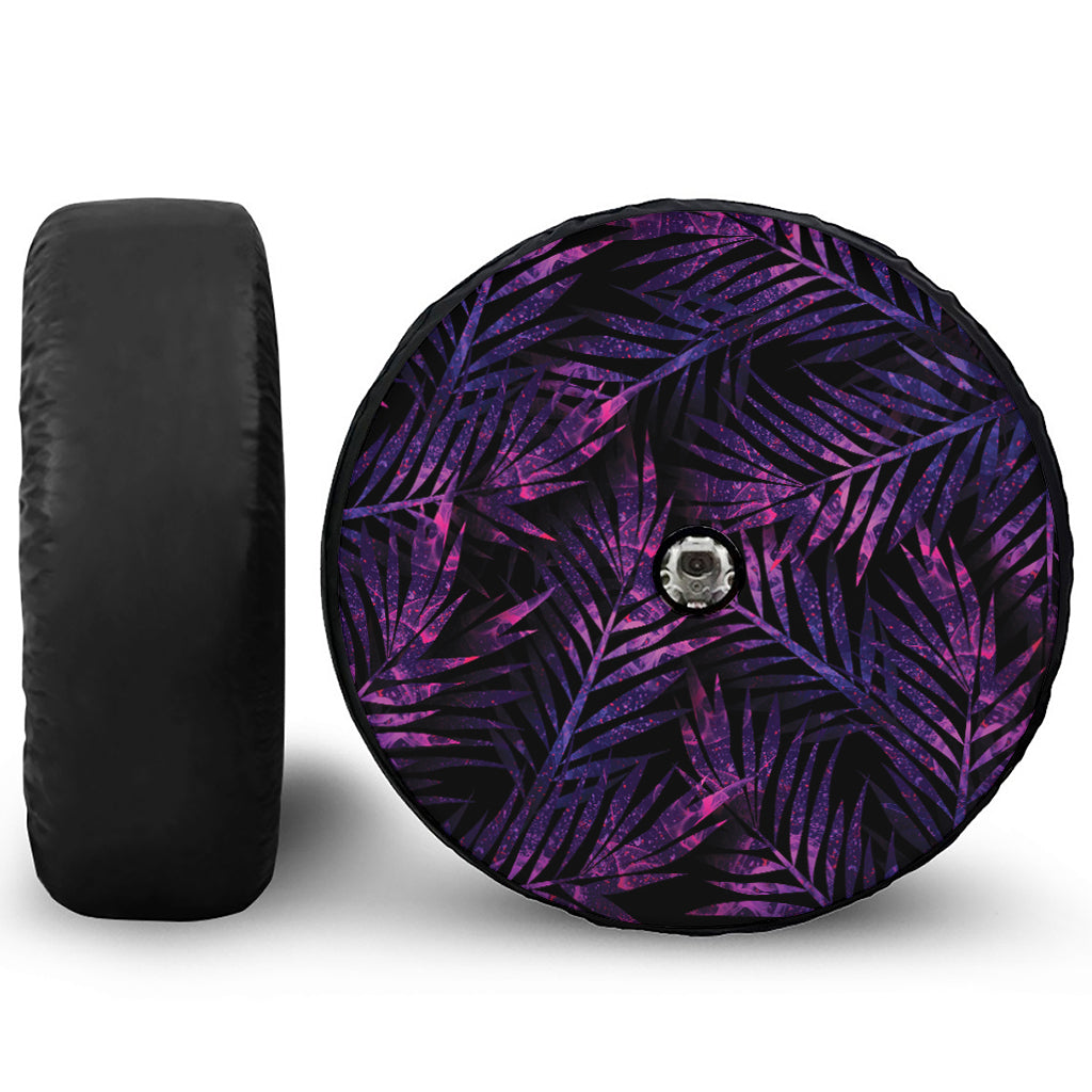 Purple Tropical Leaves Print Tire Cover With Camera Hole