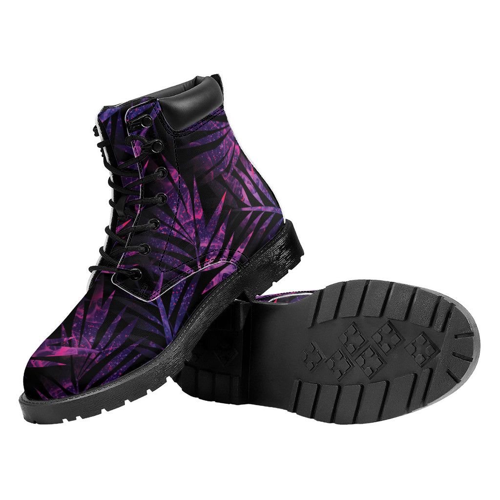Purple Tropical Leaves Print Work Boots