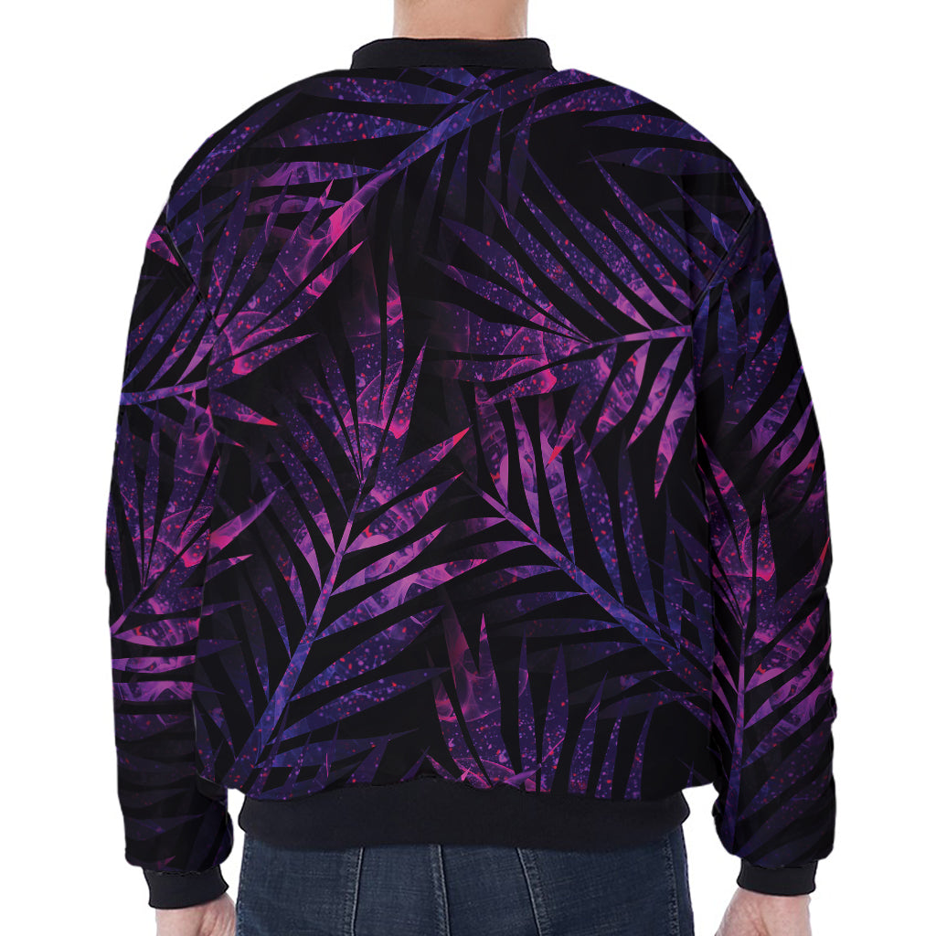 Purple Tropical Leaves Print Zip Sleeve Bomber Jacket