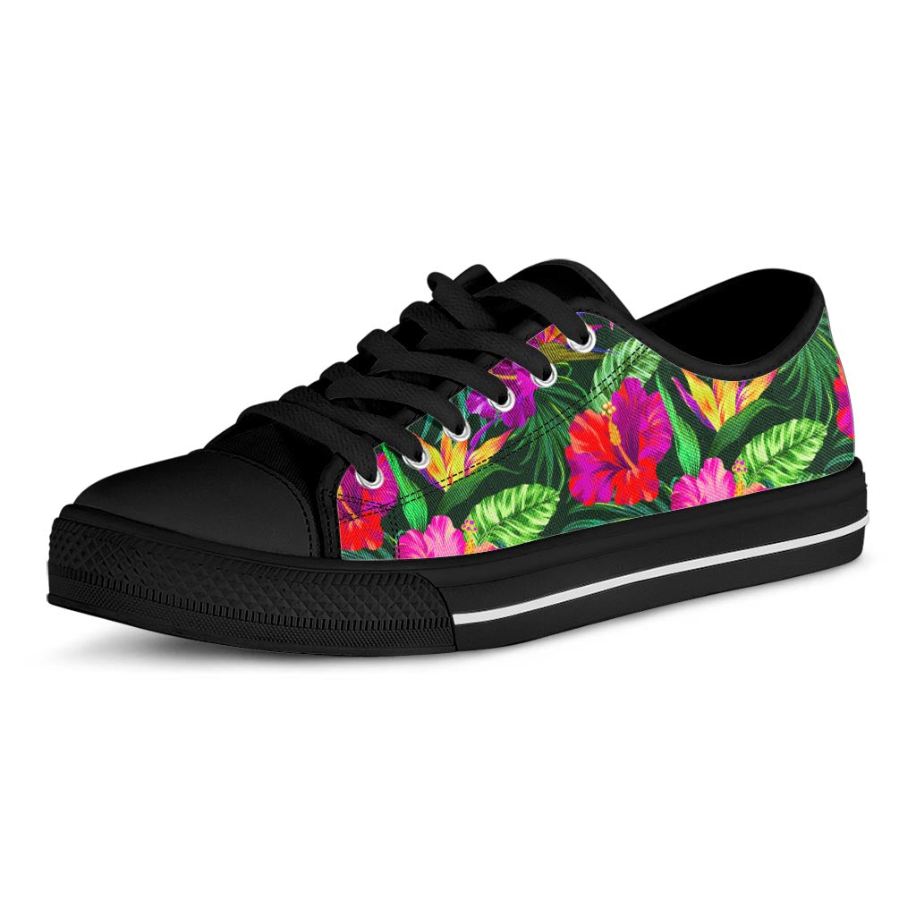 Purple Tropical Pattern Print Black Low Top Sneakers