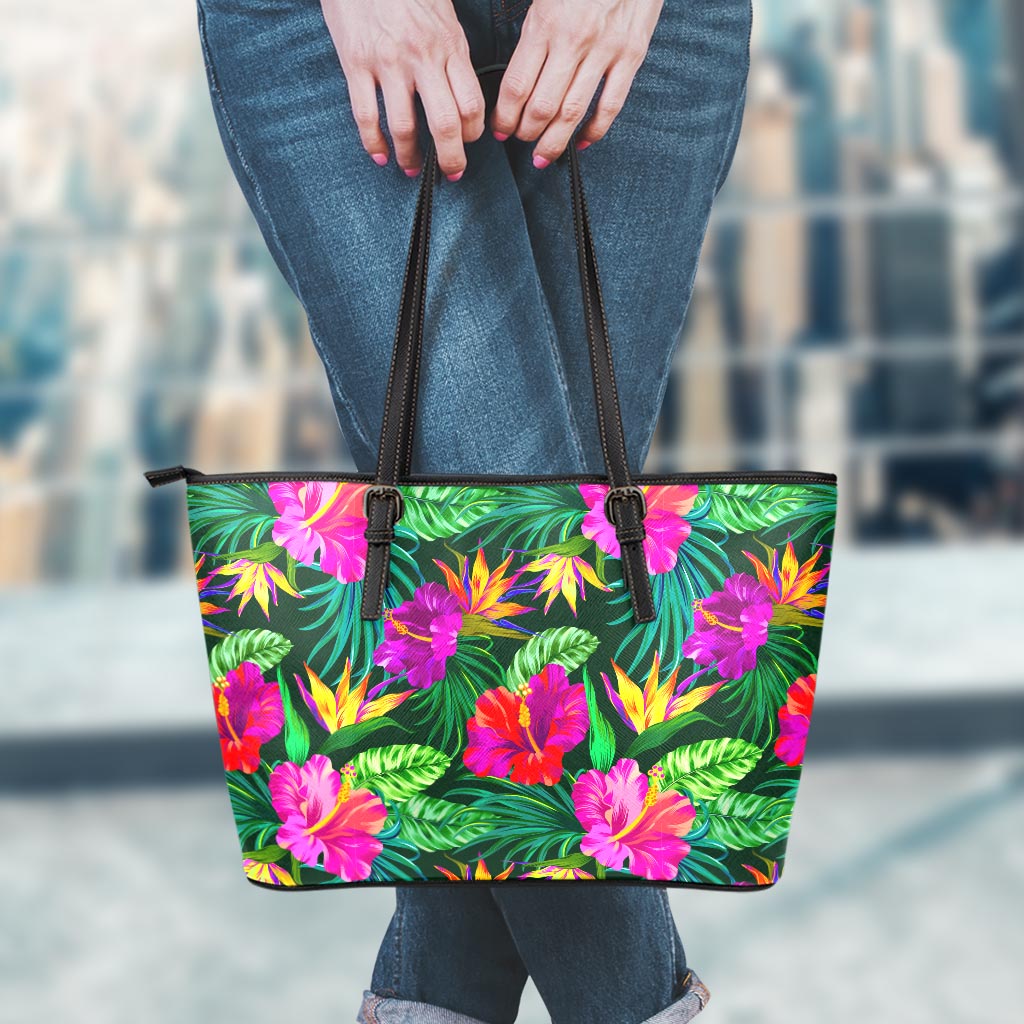 Purple Tropical Pattern Print Leather Tote Bag