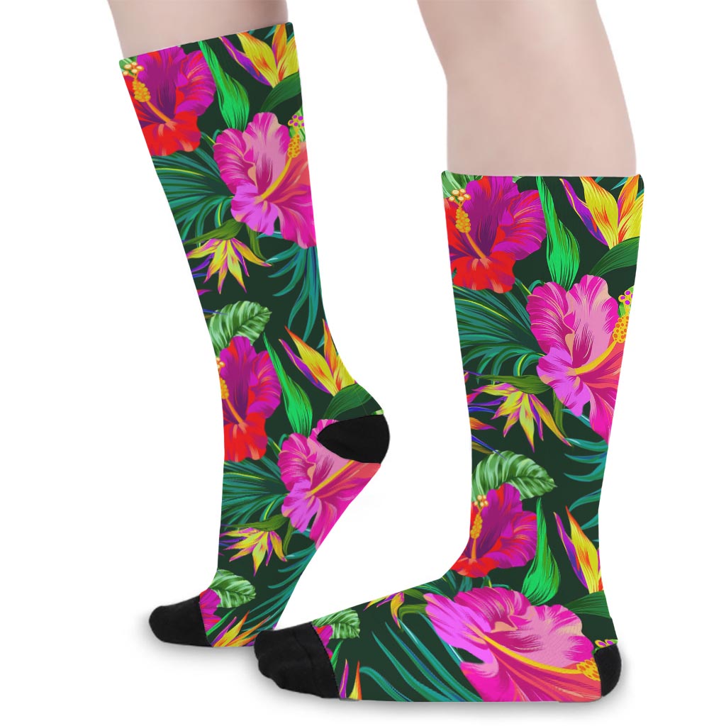 Purple Tropical Pattern Print Long Socks