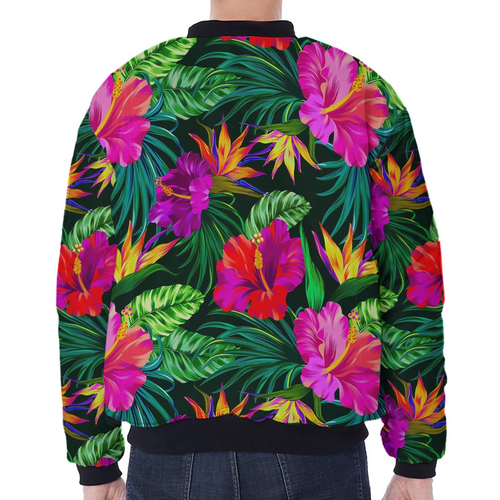 Purple Tropical Pattern Print Zip Sleeve Bomber Jacket
