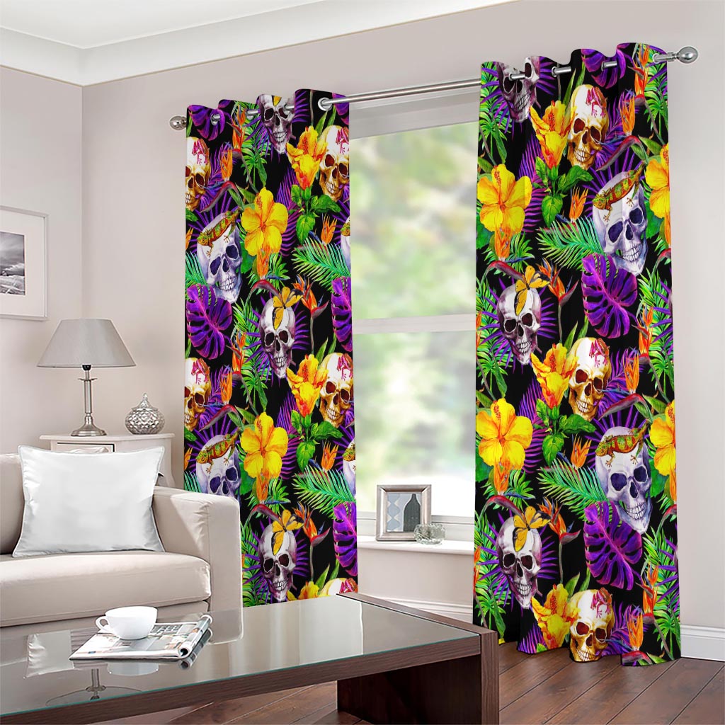 Purple Tropical Skull Pattern Print Extra Wide Grommet Curtains
