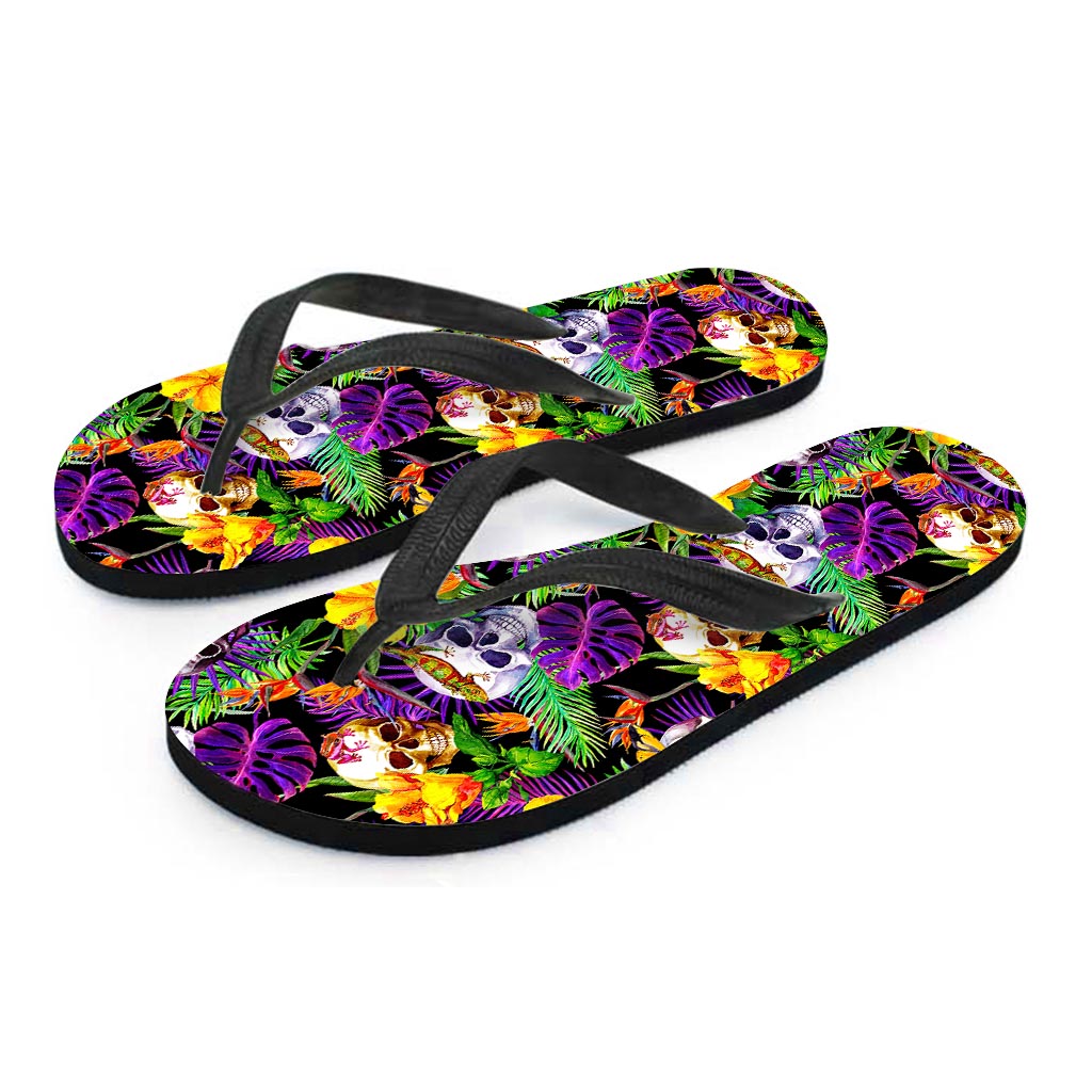 Purple Tropical Skull Pattern Print Flip Flops