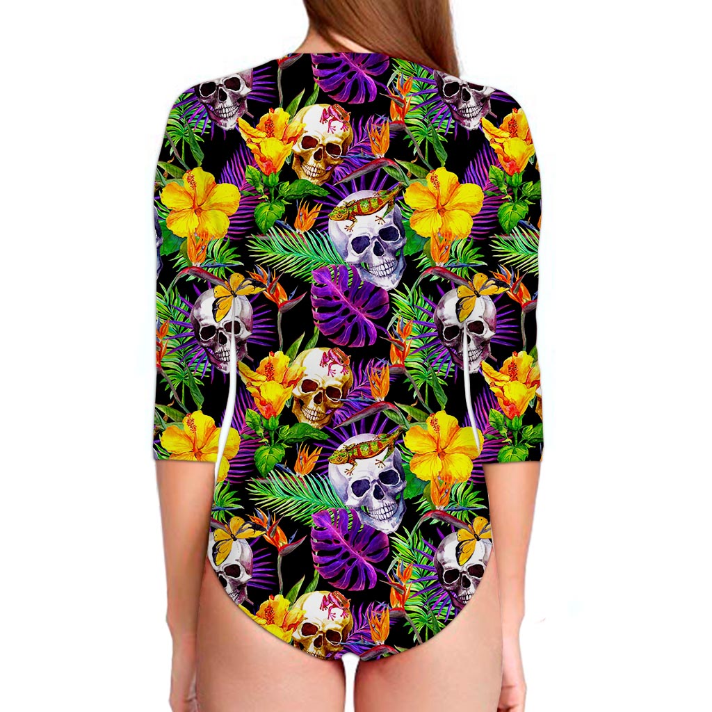 Purple Tropical Skull Pattern Print Long Sleeve Swimsuit