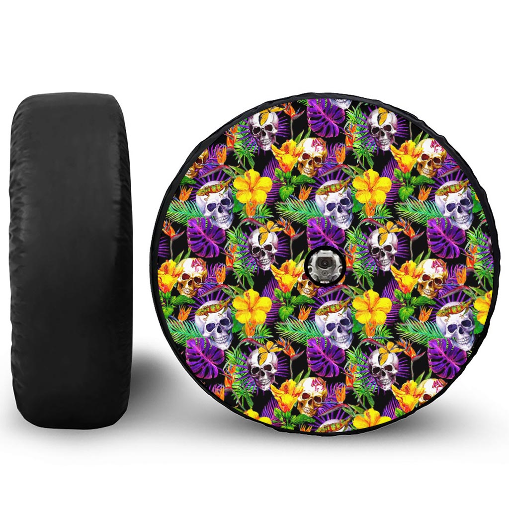 Purple Tropical Skull Pattern Print Tire Cover With Camera Hole