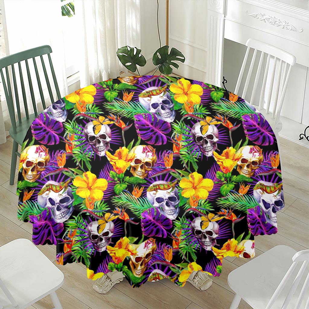 Purple Tropical Skull Pattern Print Waterproof Round Tablecloth