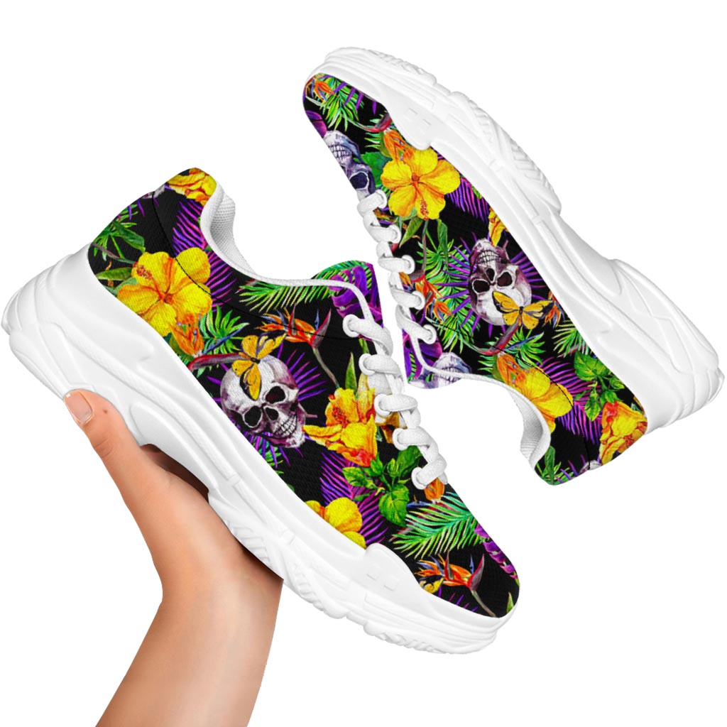 Purple Tropical Skull Pattern Print White Chunky Shoes