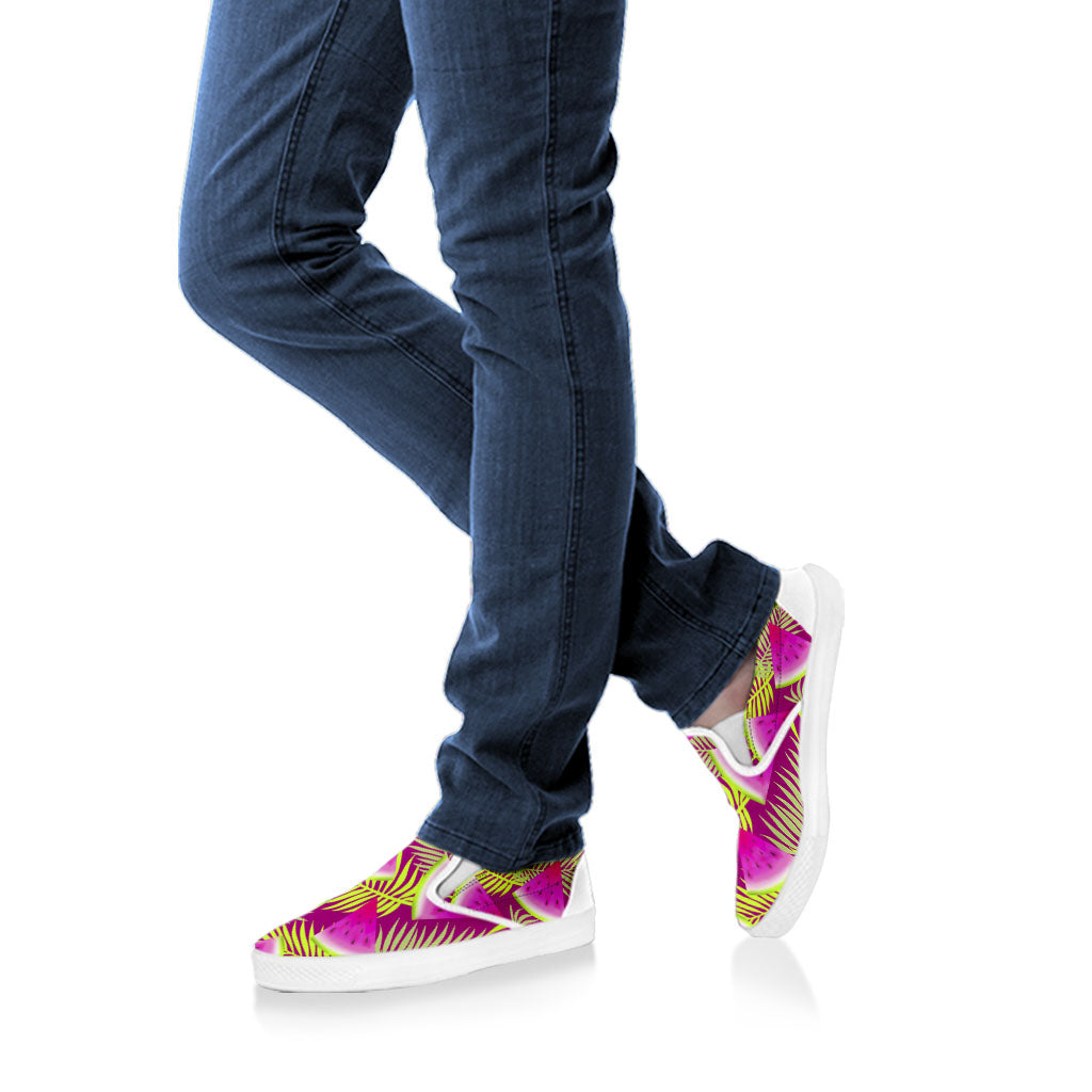 Purple Tropical Watermelon Pattern Print White Slip On Sneakers