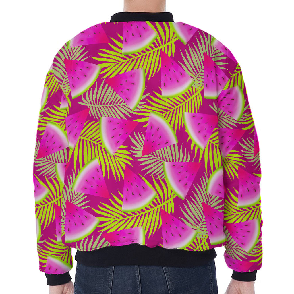 Purple Tropical Watermelon Pattern Print Zip Sleeve Bomber Jacket